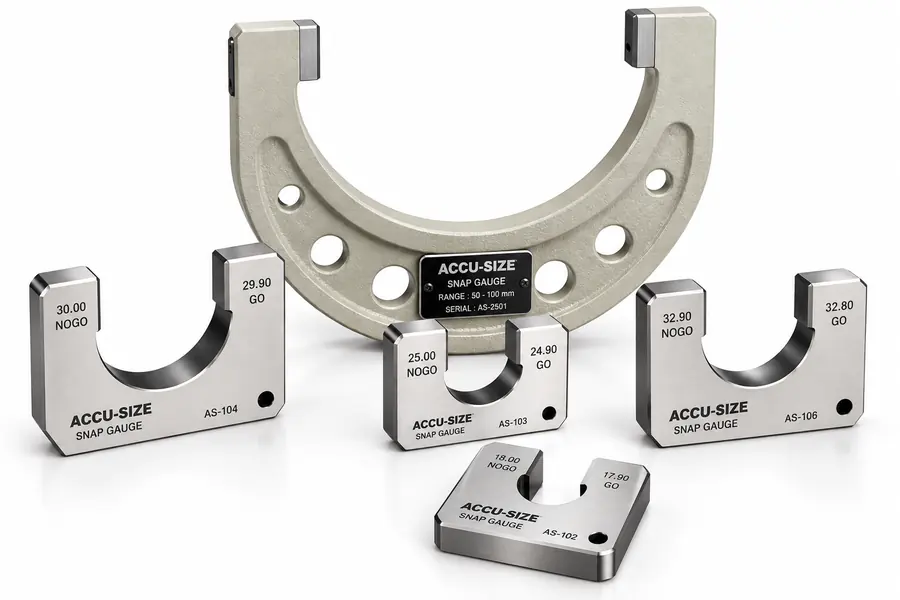 Accu-size GO / NOT-GO snap gauge set, including a micrometer-frame snap gauge for external diameter checks