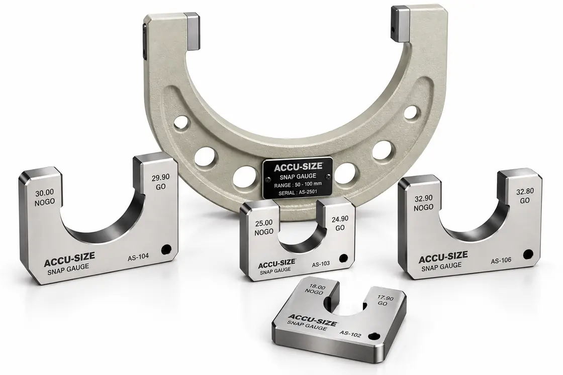 Accu-size GO / NOT-GO snap gauge set, including a micrometer-frame snap gauge for external diameter checks — detail